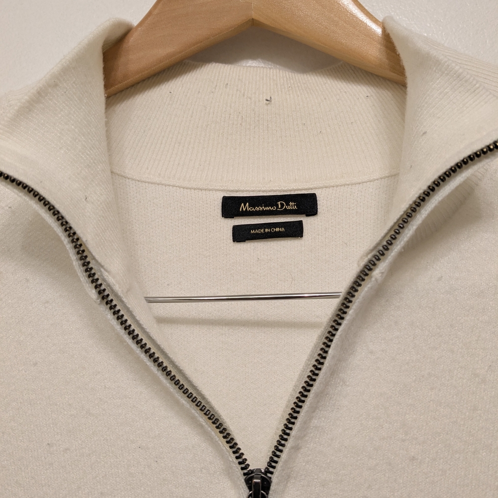 Massimo Dutti Cream Zip Up Sweater with High Collar and Textured Knit